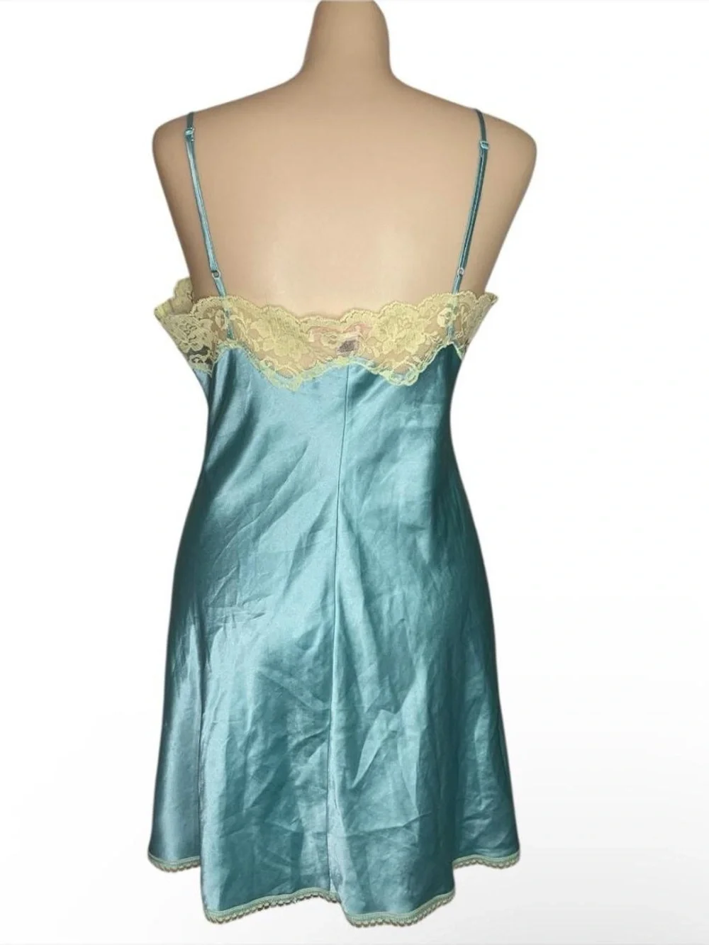 2000s Victoria's Secret Aqua Satin Lace-Trim Chemise with Pale Yellow Accents